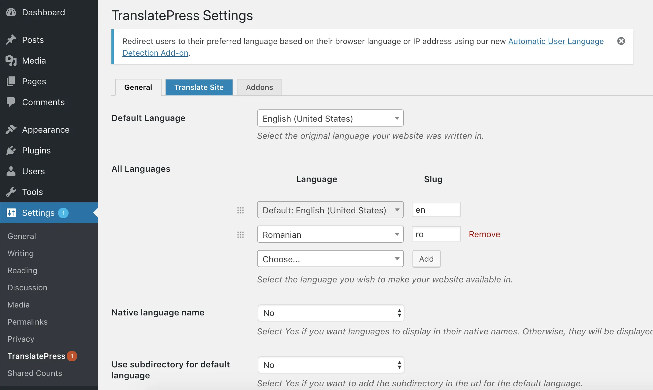 translatepress Settings