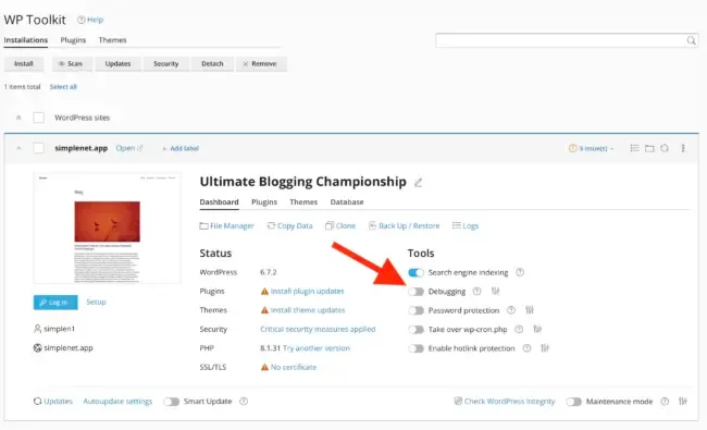 Activate debug in cPanel