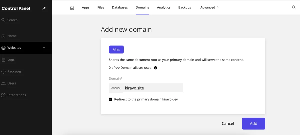 put alias domain name, check the redirect to primary domain, push add button