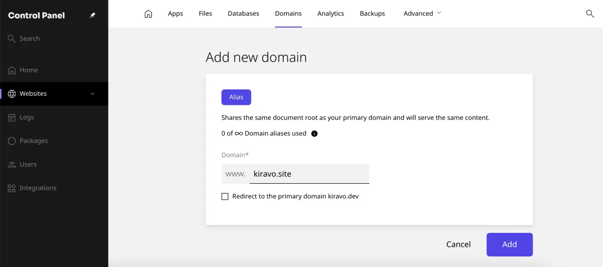 add new alias domain for multilingual site, leave redirect to the primary domain unchecked, and push Add button