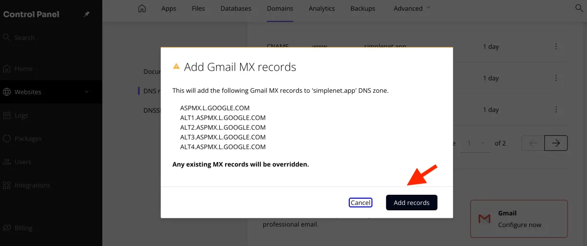 add records button for Gmail