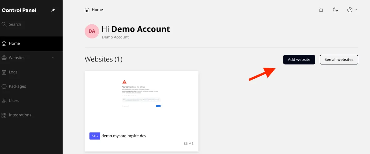 add website button in the control panel