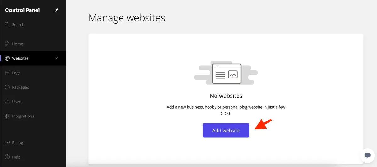 add website button in the Kiravo control panel