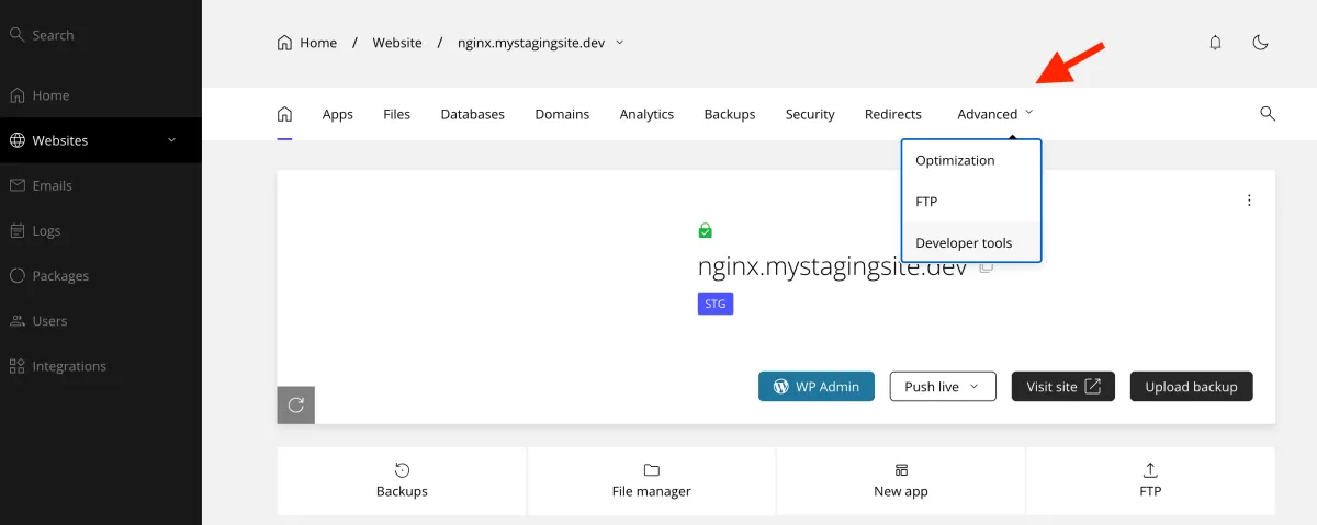 Advanced developer tools in the control panel