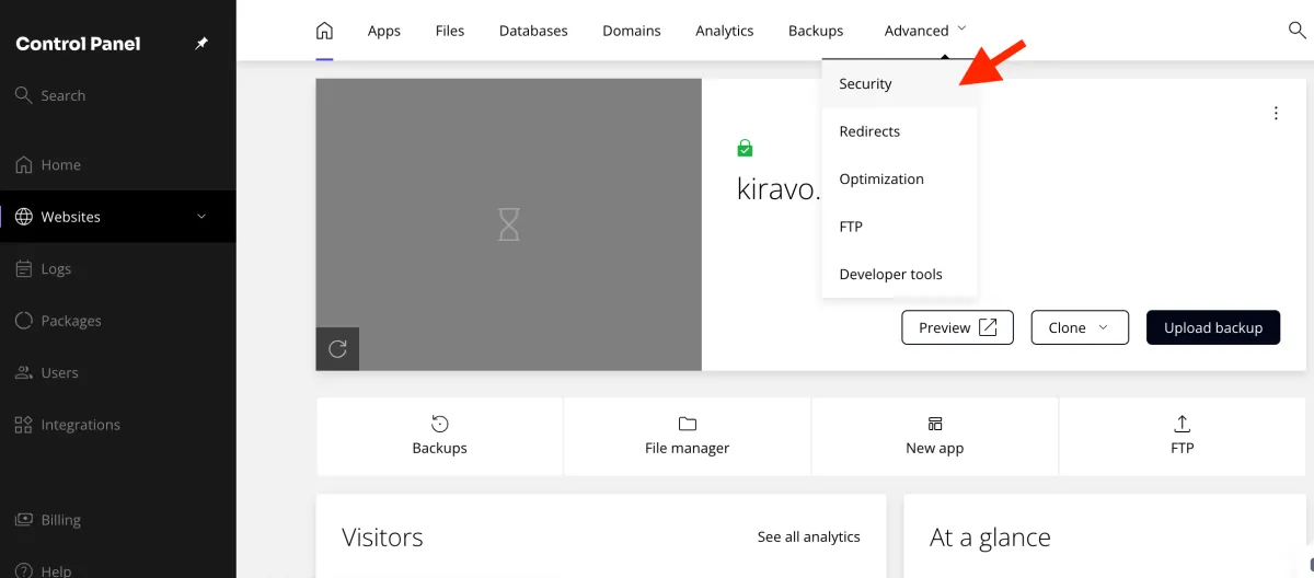 advanced -> Security in Kiravo Control Panel