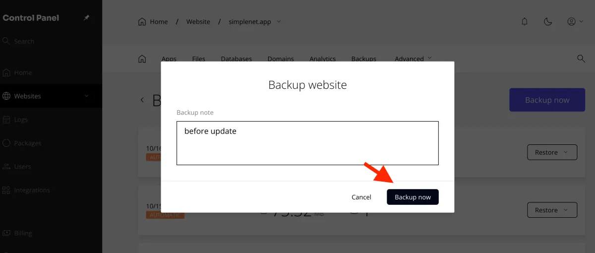 backup now button