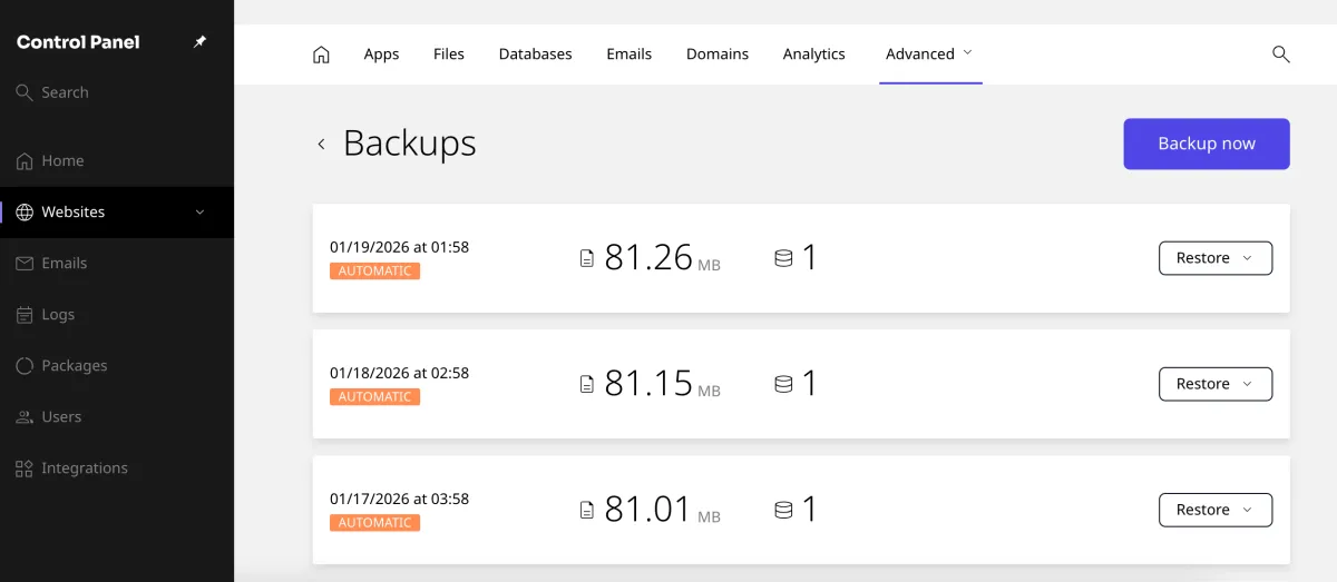 backup points on Kiravo control panel
