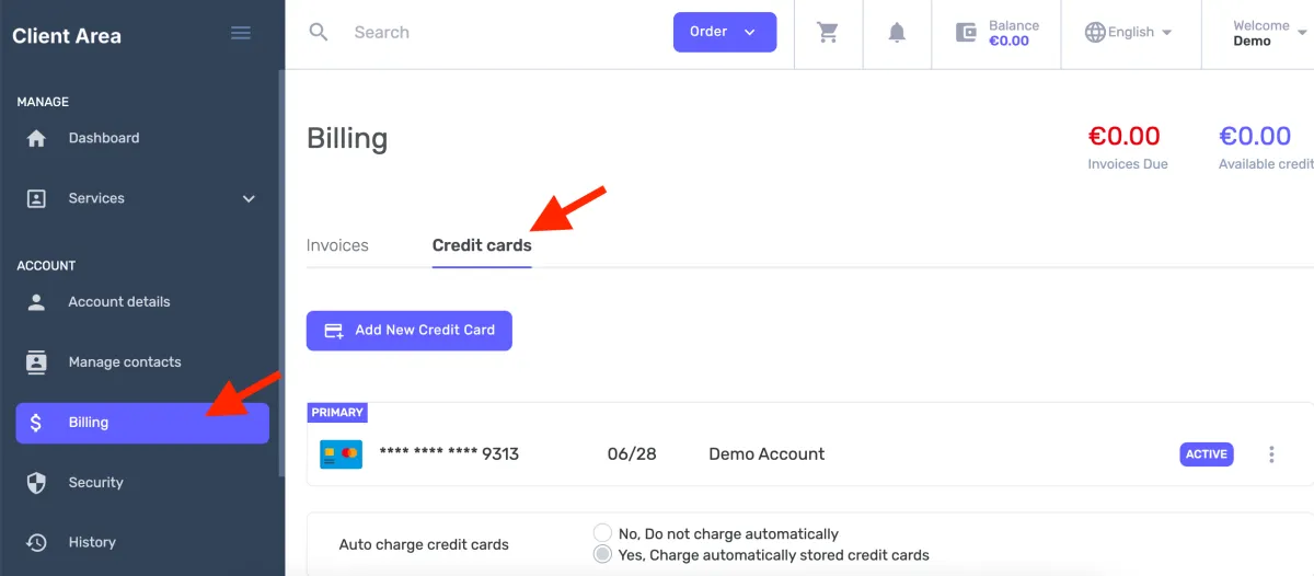 billing credit card section