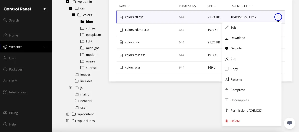 built in file manager in the Kiravo hosting control panel