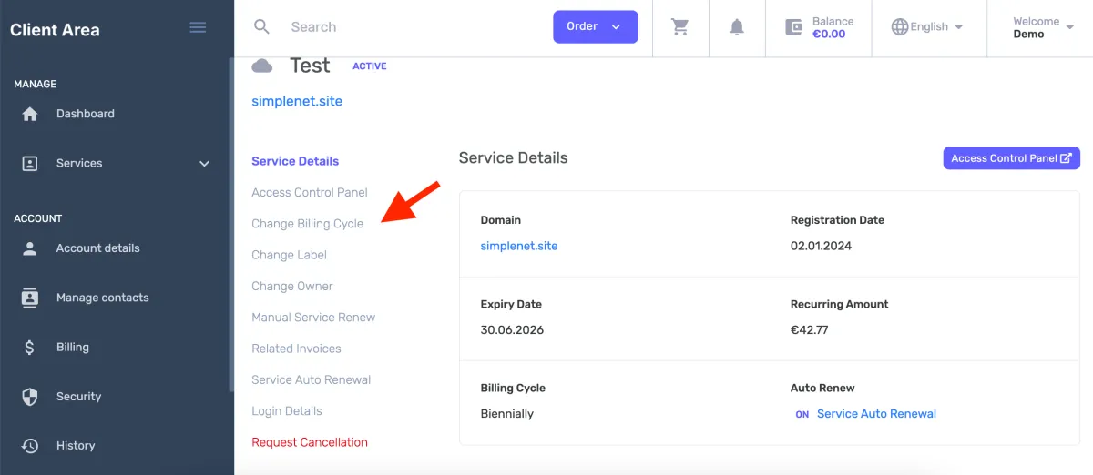 look for change the billing cycle option and click on it