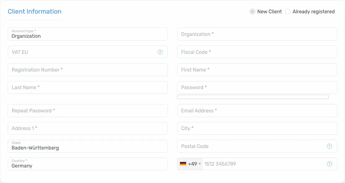 Empty organization client-information form with the VAT EU field