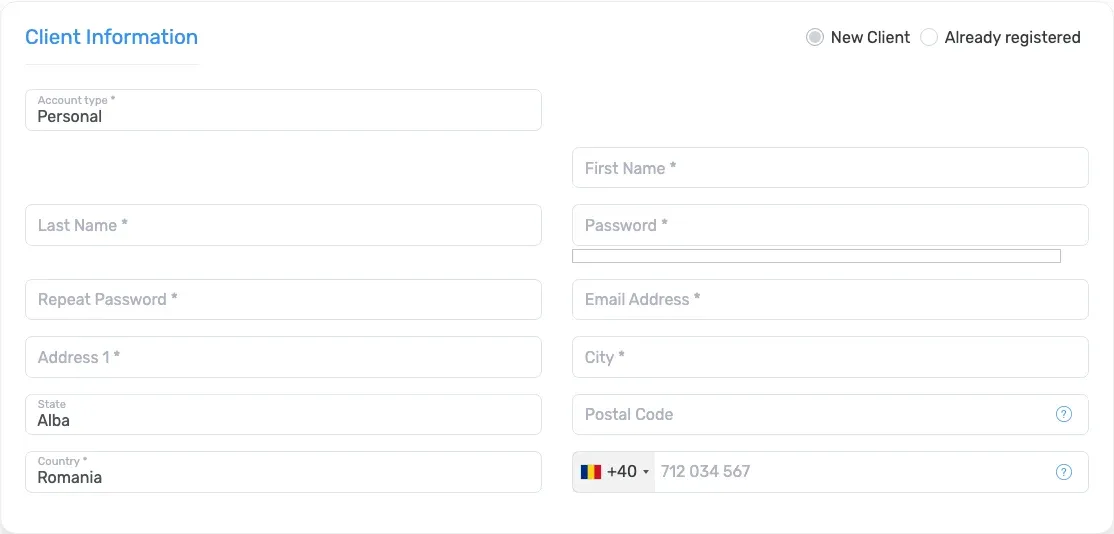 Empty personal client-information form in Kiravo checkout