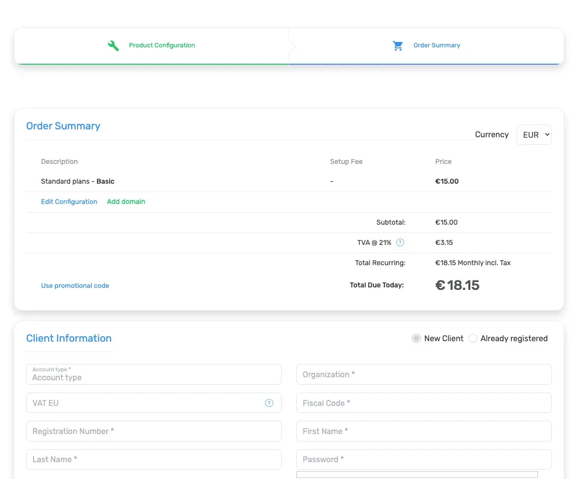 Kiravo checkout order summary with subtotal, tax, recurring total, and amount due today