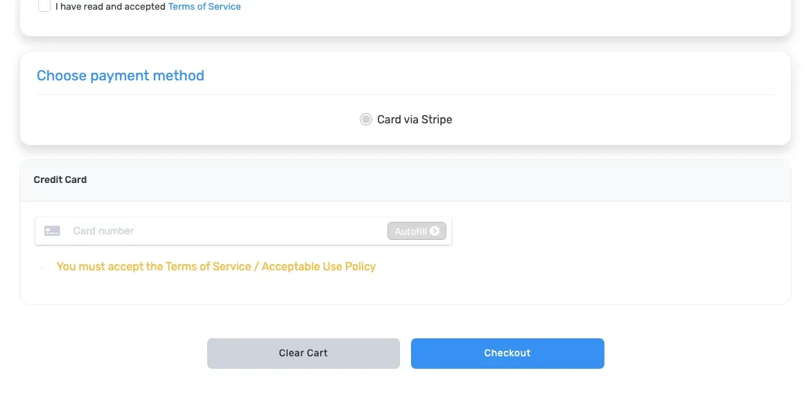 Kiravo checkout with the terms checkbox, Stripe card field, Clear Cart, and Checkout buttons
