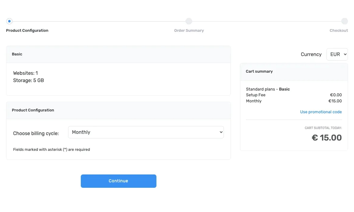 Kiravo checkout showing product configuration, billing cycle, currency, and cart summary