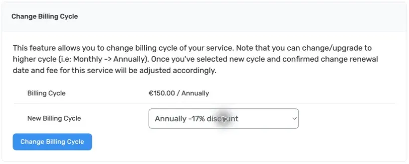 Current Change Billing Cycle form with the existing cycle, new-cycle selector, and submit button