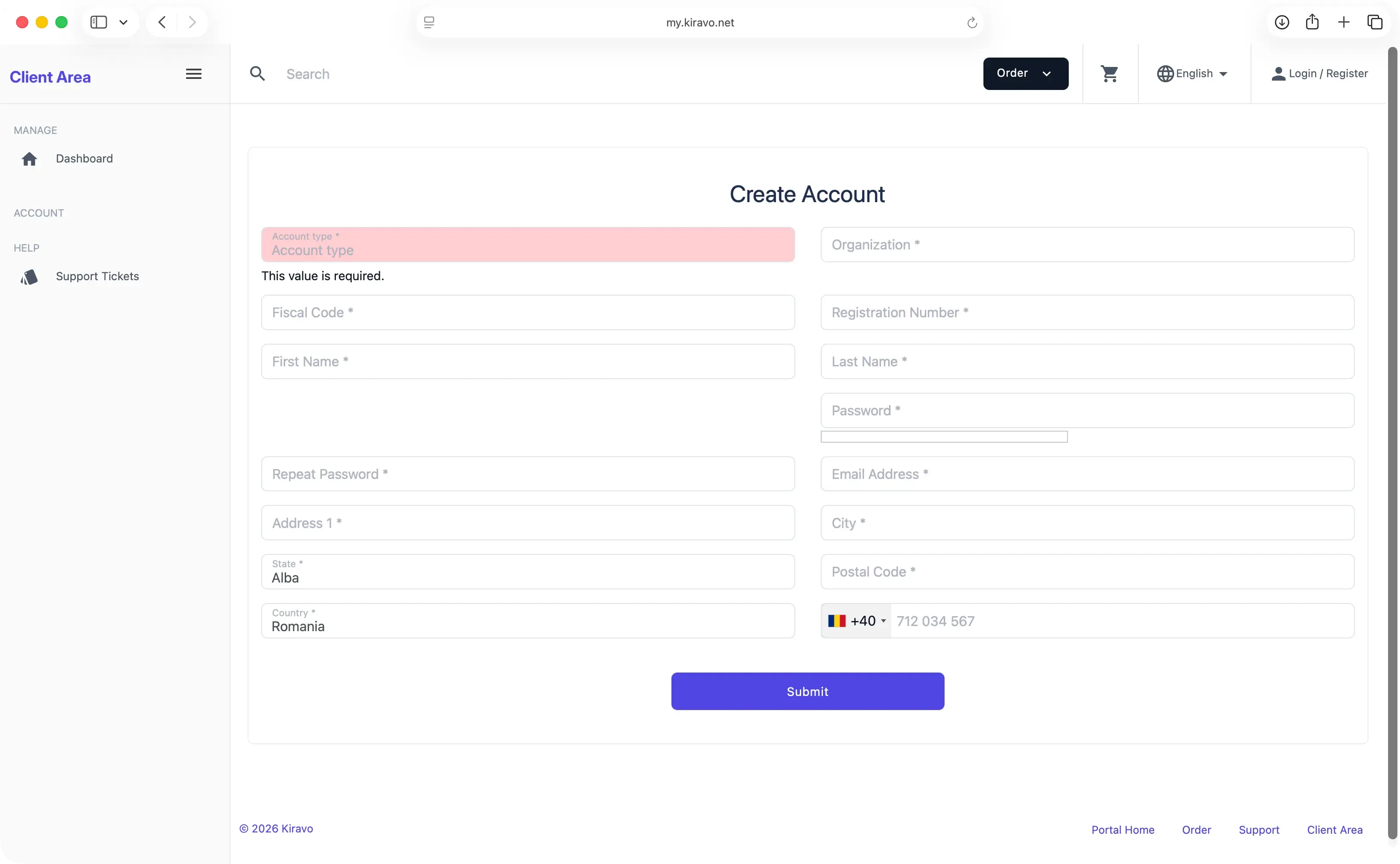 Create account page on my.kiravo.net