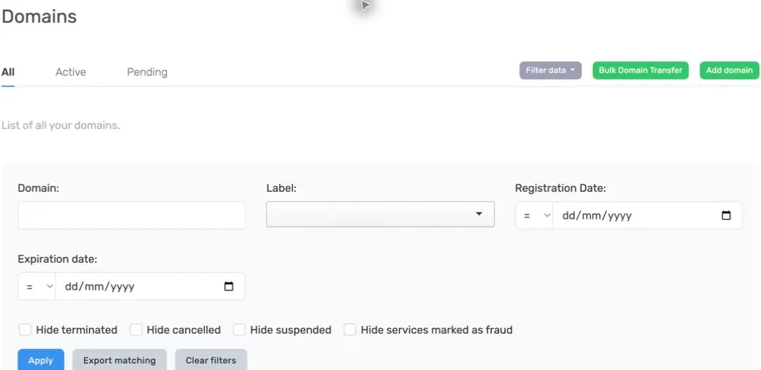 Domain filters for the name, label, registration and expiration dates, and hidden statuses