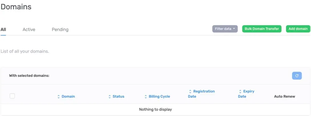 Domains list with status tabs, ordering buttons, columns, and an empty state