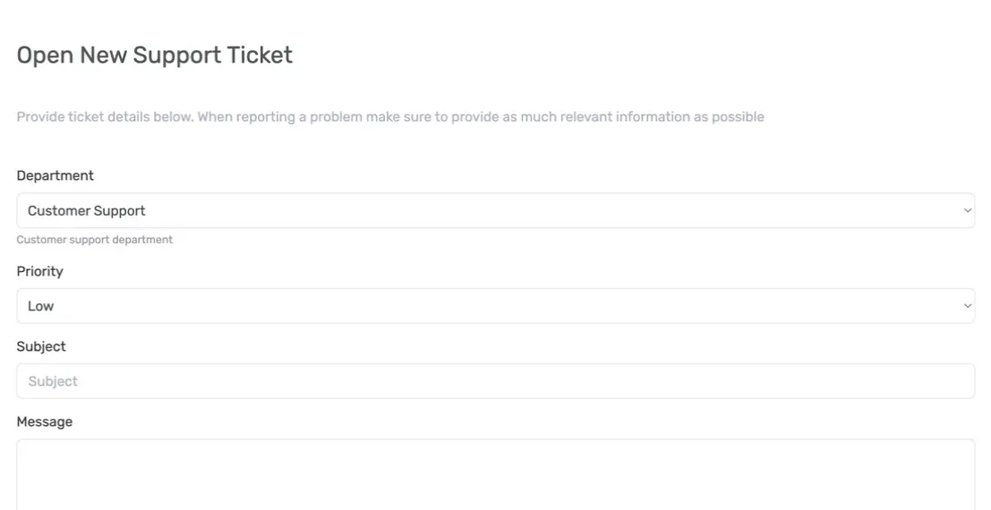 New support ticket form in the Kiravo client area