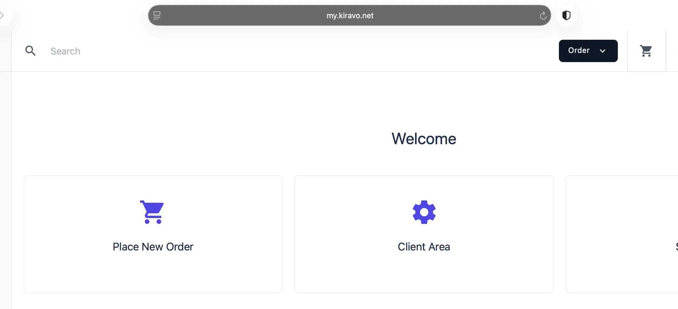 Kiravo client area with the Order button and Place New Order tile