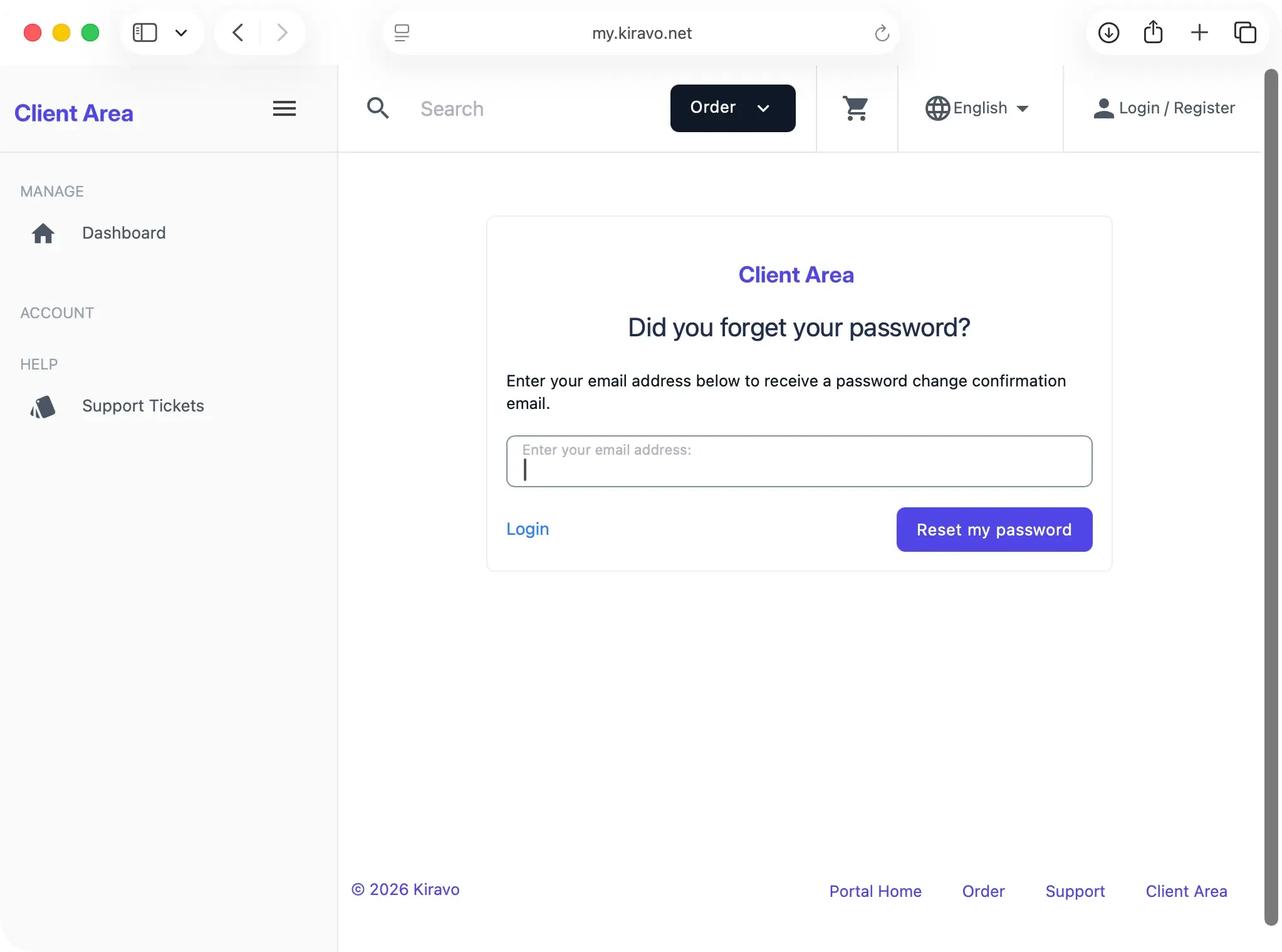 Password reset page on my.kiravo.net