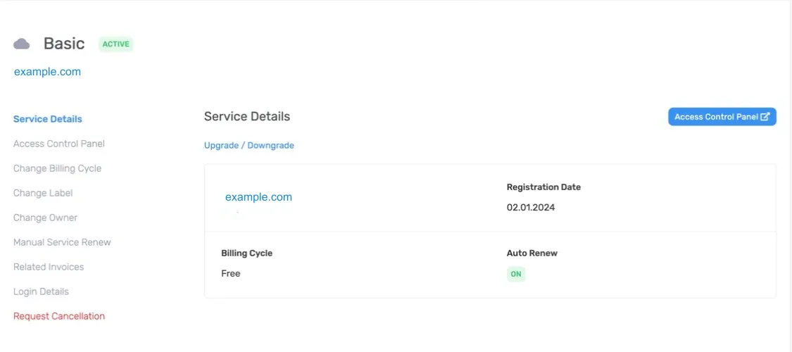 Active hosting service and its management actions in the Kiravo client area