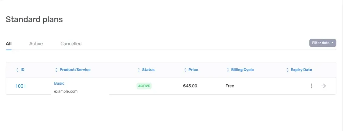 Hosting plans service list with status filters and an active service