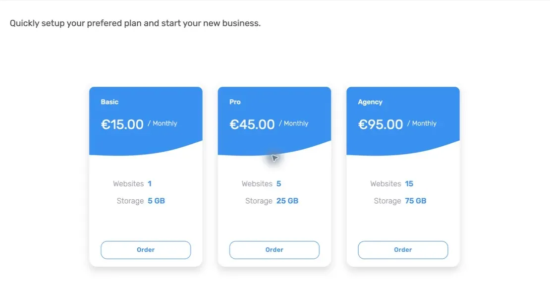Current hosting plans in the Kiravo client area with website and storage limits