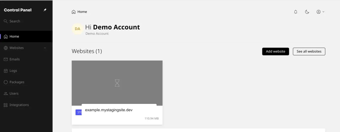 Control Panel home page with the Websites section and global navigation