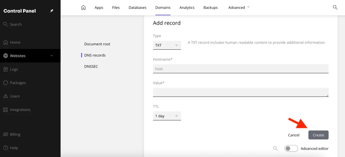 create DNS record button