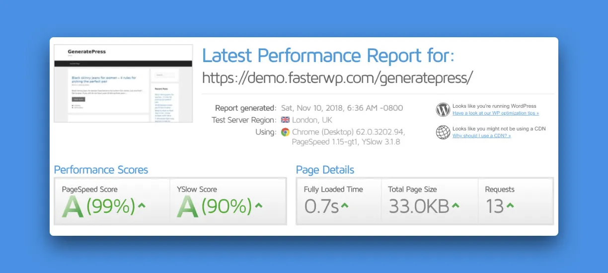using gtmetrix initial test GeneratePress performance