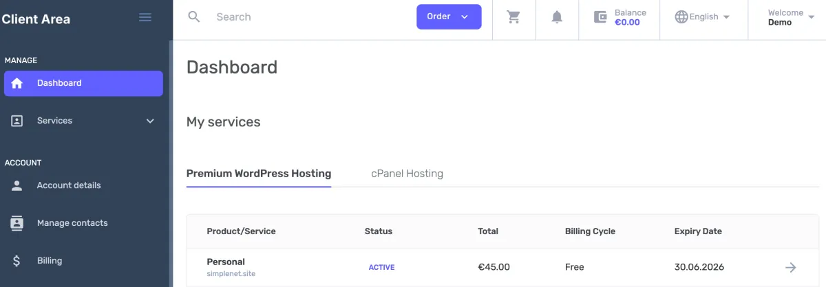 The Kiravo control panel showing a client's website dashboard