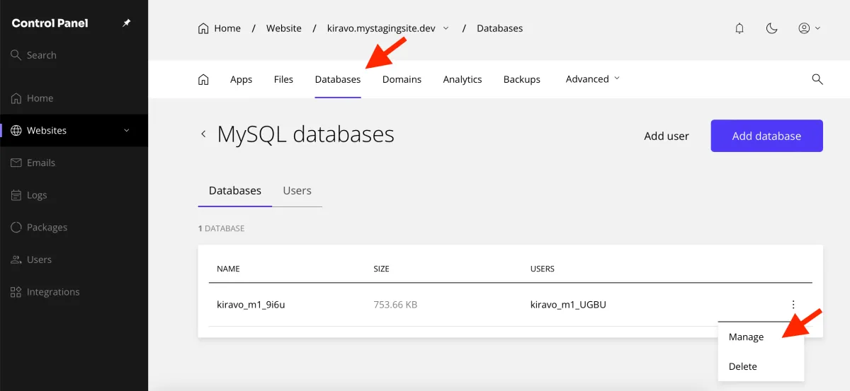 databases section, click Manage