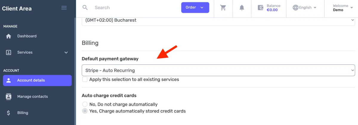 default payment gateway option, select stripe - auto recurring