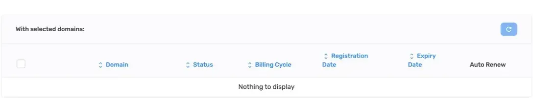 Domains bulk-action toolbar with the Add Years or Renew button and an empty domain list