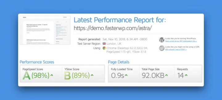 using gtmetrix initial test Astra performance