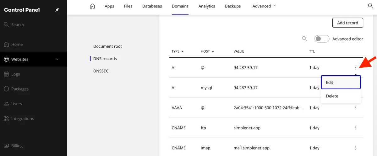 edit delete options for the DNS records