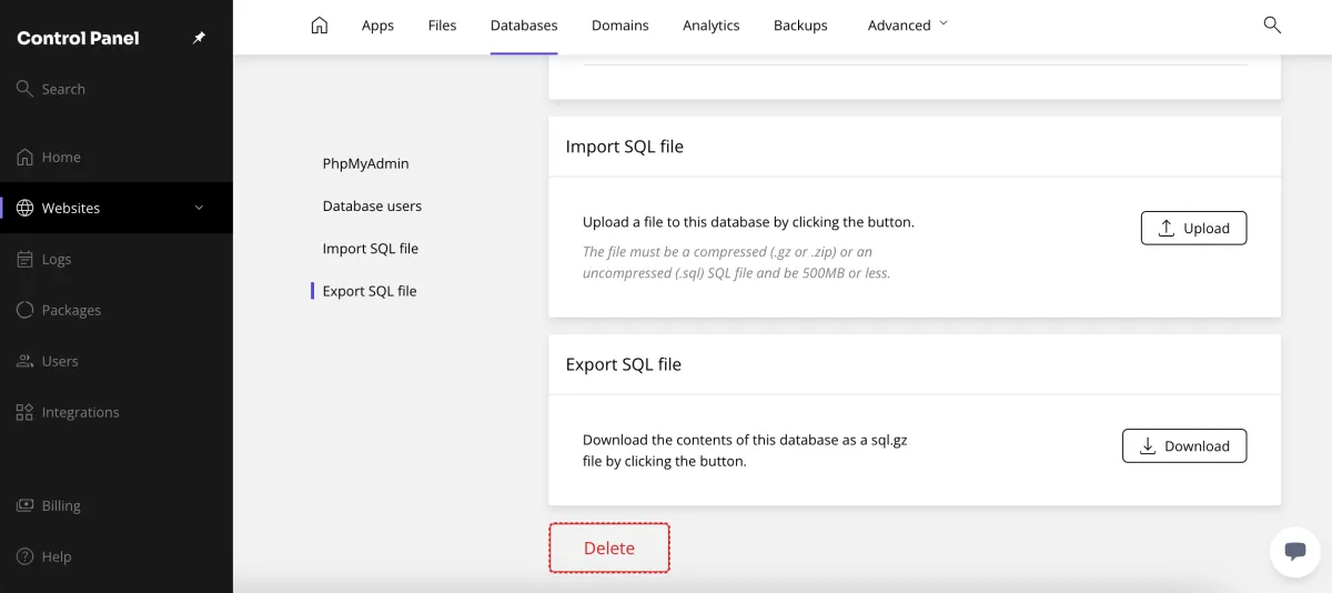 import and export database options in the Databases section of the Kiravo control panel