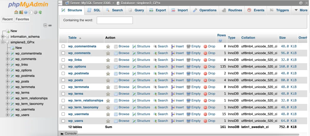 interfața PhpMyAdmin