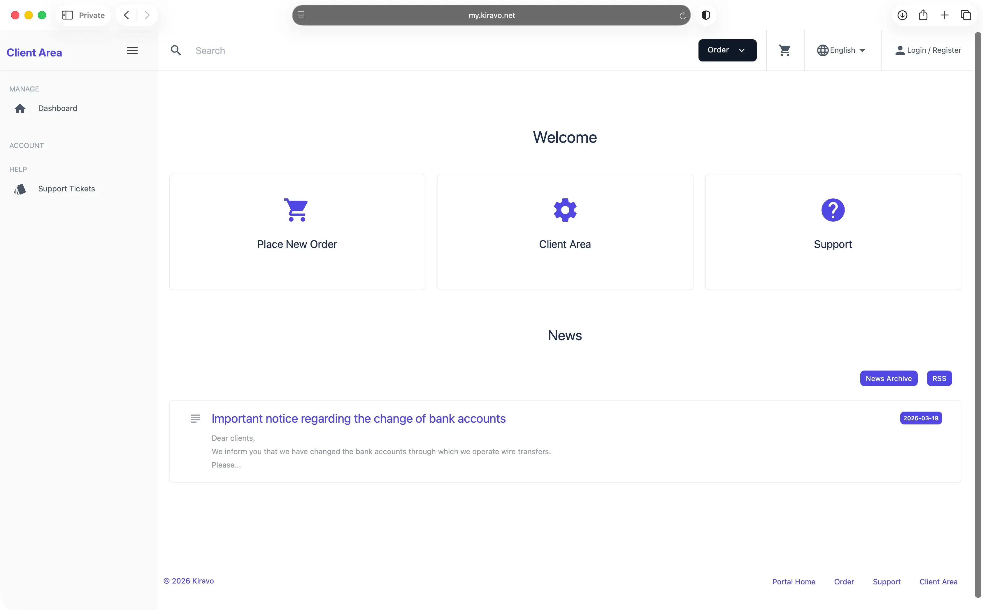 Kiravo Client Area dashboard