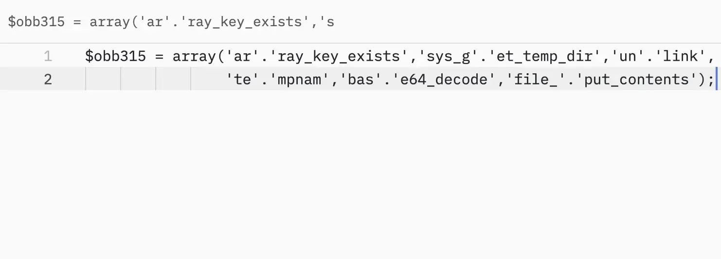 Obfuscated PHP code split into strings