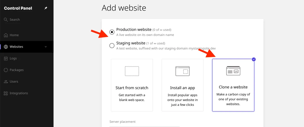 choose between production website or staging website, push clone a website