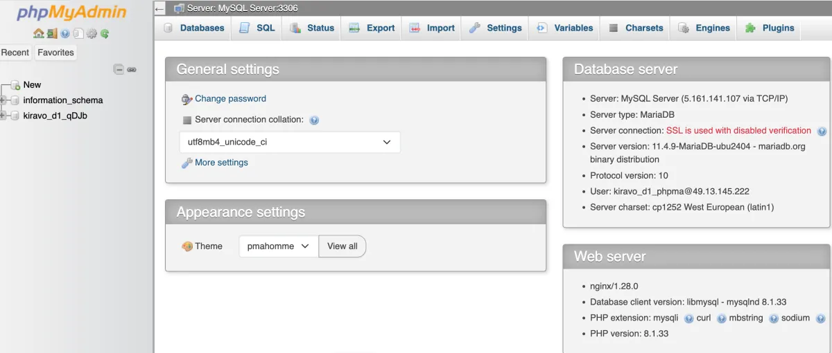 PhpMyAdmin dashboard