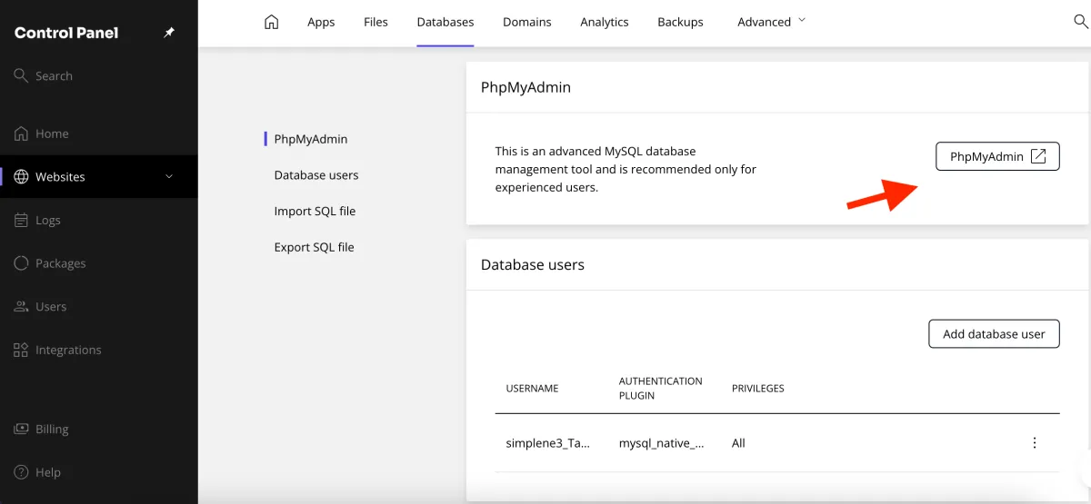 PhpMyAdmin option
