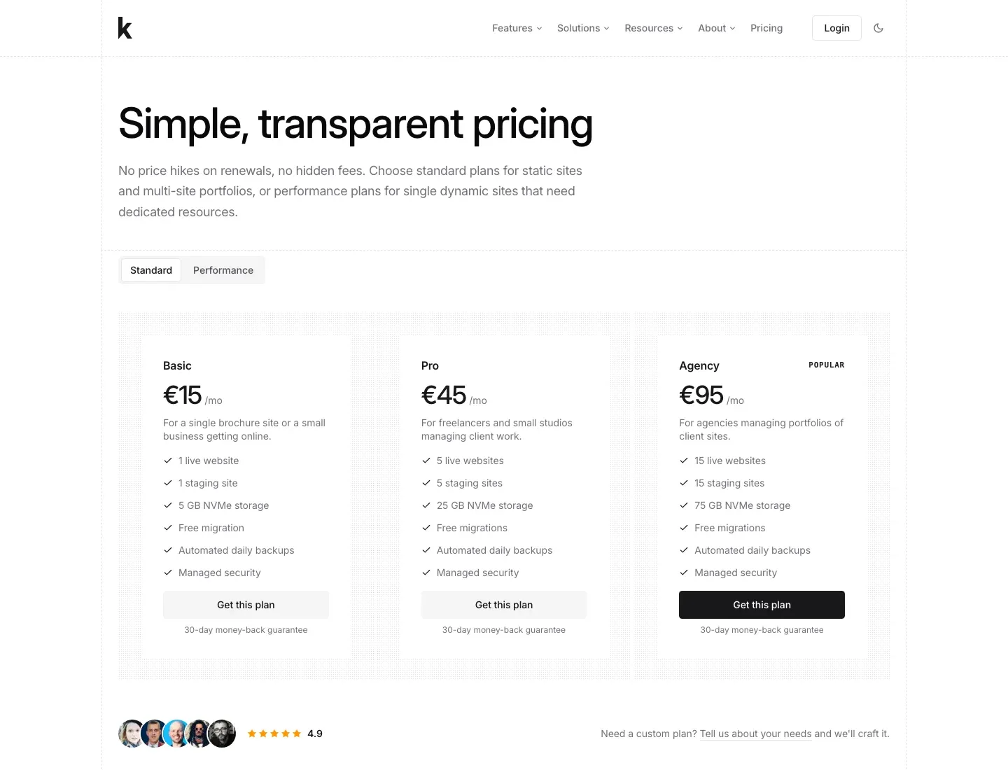 Kiravo pricing page with hosting plan tabs