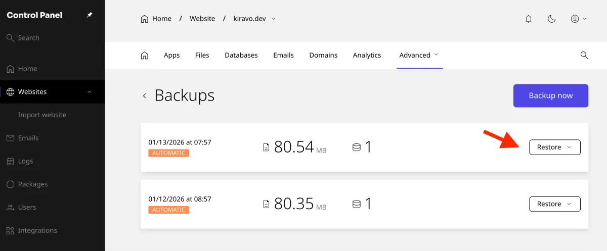 restore button in the backups section