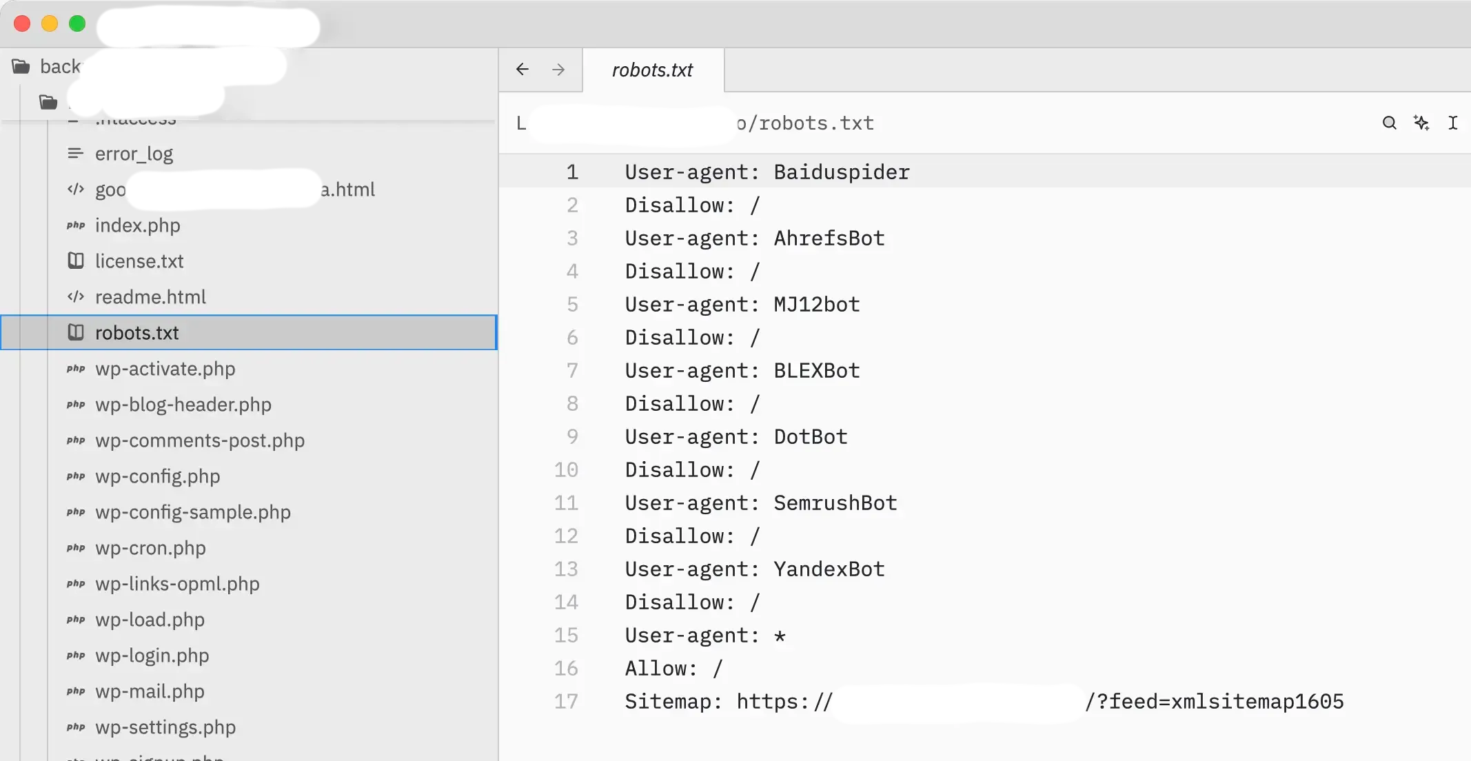 Compromised robots.txt file with malicious sitemaps