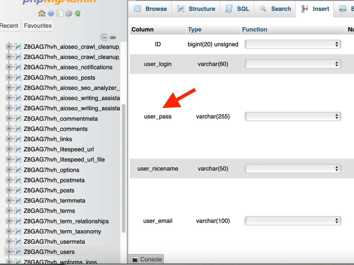 row user_pass in phpMyAdmin