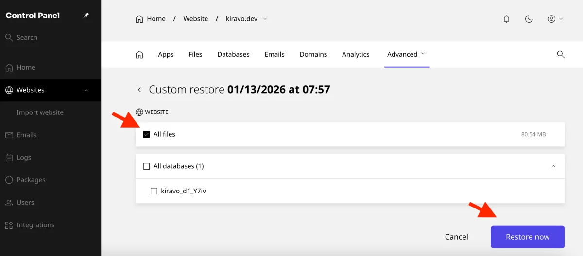 select All Files and push the Restore now button